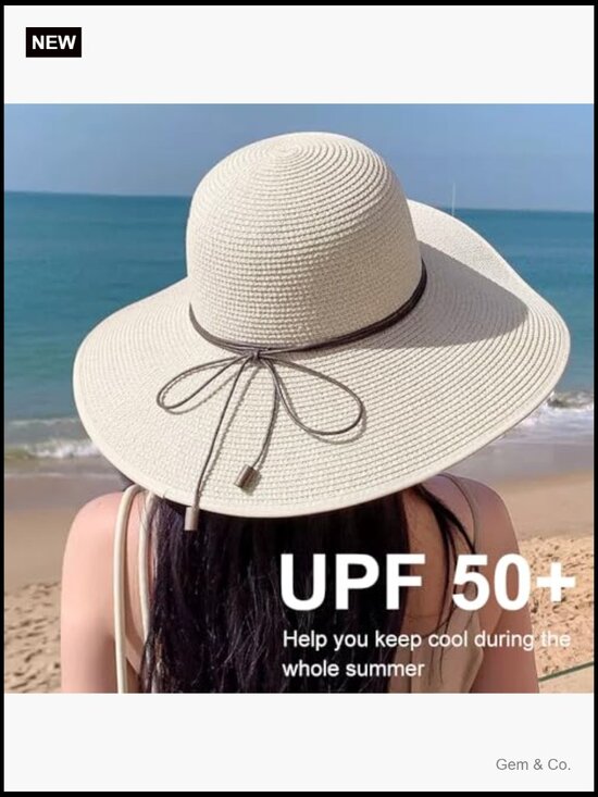 Wide Brim Straw Sun Hat UPF 50+ Foldable Roll up Beach Hat Floppy